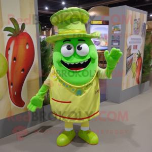 Lime Green Fajitas mascot costume character dressed with a Romper and Tie pins
