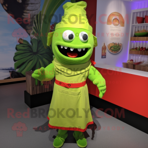 Lime Green Fajitas mascot costume character dressed with a Romper and Tie pins