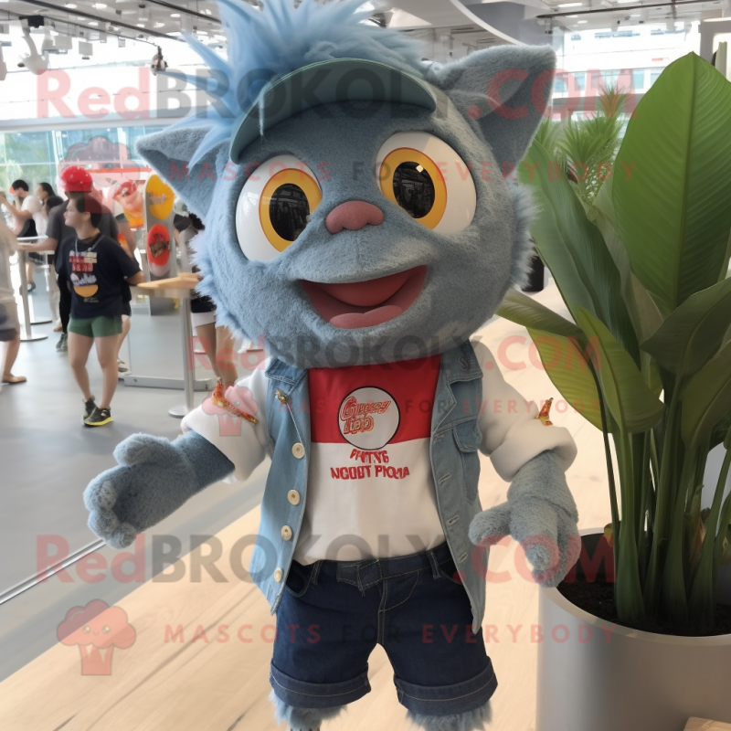 Gray Ceviche mascot costume character dressed with a Denim Shorts and Keychains