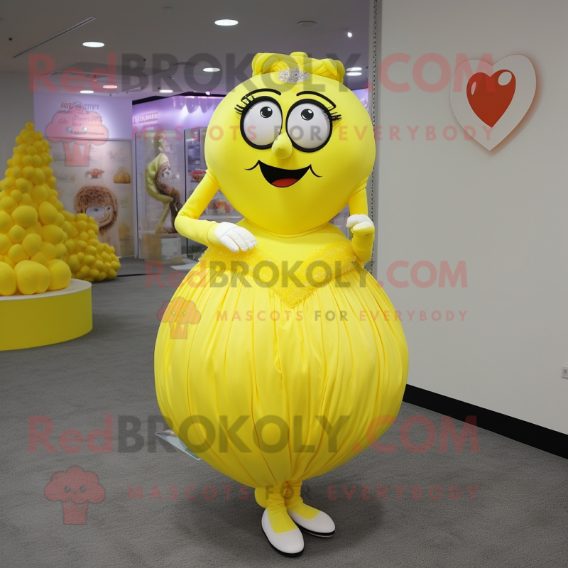 Lemon Yellow Heart mascot costume character dressed with a Ball Gown and Coin purses