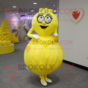 Lemon Yellow Heart mascot costume character dressed with a Ball Gown and Coin purses