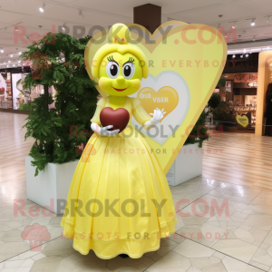 Lemon Yellow Heart mascot costume character dressed with a Ball Gown and Coin purses