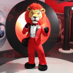 Red Tamer Lion mascot costume character dressed with a Tuxedo and Rings