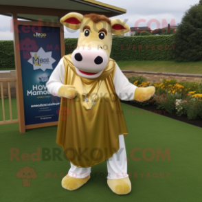 Gold Hereford Cow mascot costume character dressed with a Maxi Dress and Pocket squares