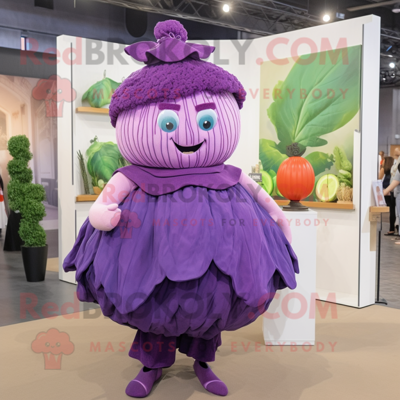 purple cabbage mascot costume character dressed with a shift dress and earrings