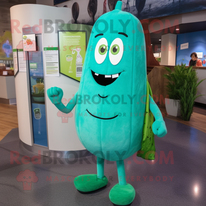 Turquoise Cucumber mascot costume character dressed with a Skinny Jeans and Keychains