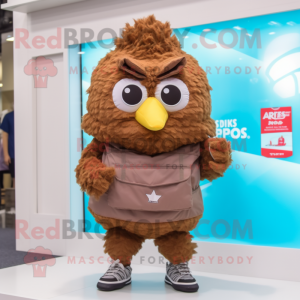 Brown Fried Chicken mascot costume character dressed with a Shorts and Backpacks