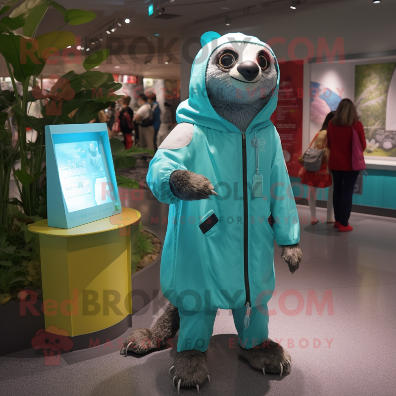 Turquoise Sloth mascot costume character dressed with a Raincoat and Watches