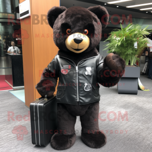 Black Teddy Bear mascot costume character dressed with a Leather Jacket and Briefcases