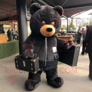 Black Teddy Bear mascot costume character dressed with a Leather Jacket and Briefcases