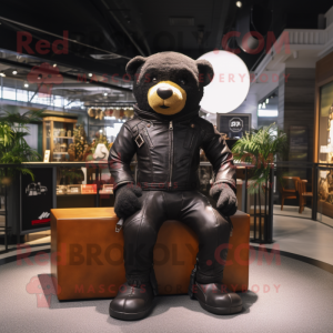 Black Teddy Bear mascot costume character dressed with a Leather Jacket and Briefcases
