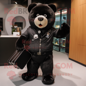 Black Teddy Bear mascot costume character dressed with a Leather Jacket and Briefcases