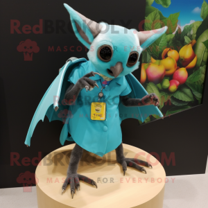 Turquoise Fruit Bat mascot costume character dressed with a Mini Skirt and Lapel pins