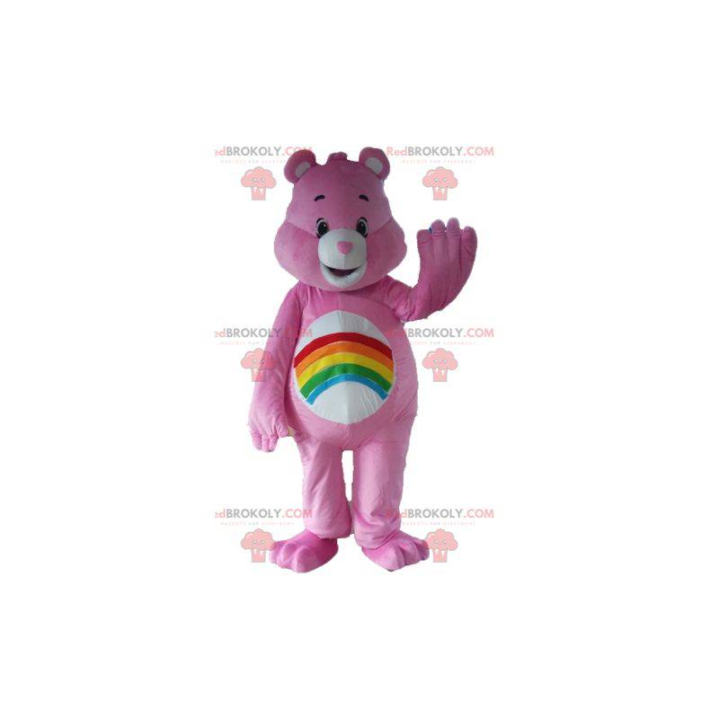 Pink Care Bear mascot with a rainbow on the stomach