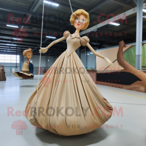 Tan Trapeze Artist mascot costume character dressed with a Ball Gown and Shoe laces