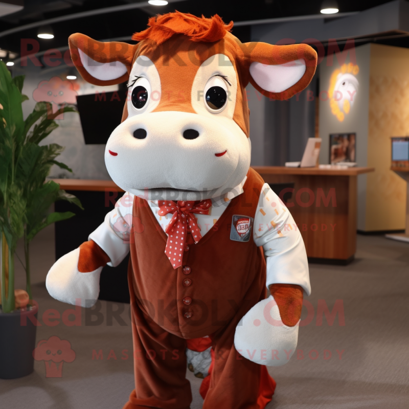 Rust Hereford Cow mascot costume character dressed with a Button-Up Shirt and Wraps