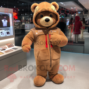 Tan Teddy Bear mascot costume character dressed with a Hoodie and Coin purses