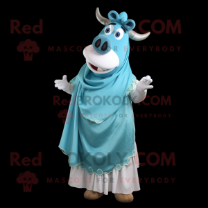 Cyan Beef Stroganoff mascot costume character dressed with a Evening Gown and Wraps