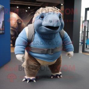Blue Glyptodon mascot costume character dressed with a Sweater and Suspenders