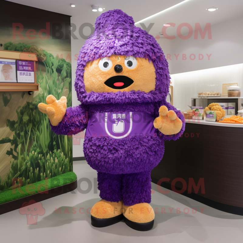 Purple Fried Rice mascot costume character dressed with a Polo Tee and Brooches
