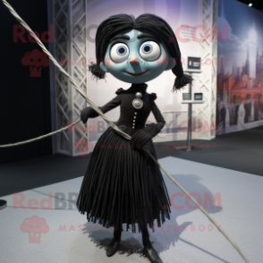 Black Tightrope Walker mascot costume character dressed with a Wrap Dress and Tie pins