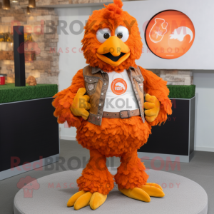 Orange Fried Chicken mascot costume character dressed with a Bootcut Jeans and Rings
