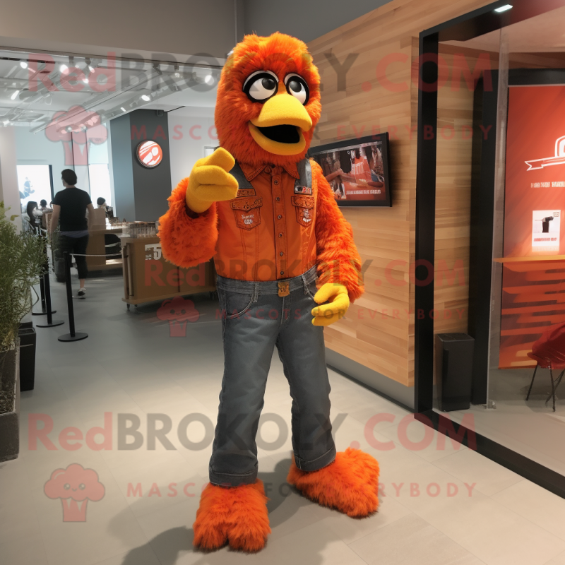 Orange Fried Chicken mascot costume character dressed with a Bootcut Jeans and Rings