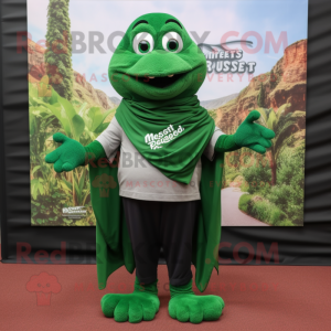 Forest Green Moussaka mascot costume character dressed with a Henley Tee and Scarves