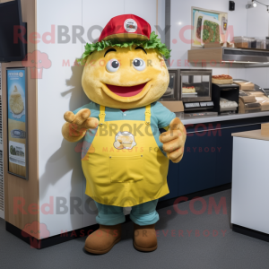 Lemon Yellow Pulled Pork Sandwich mascot costume character dressed with a Dungarees and Necklaces