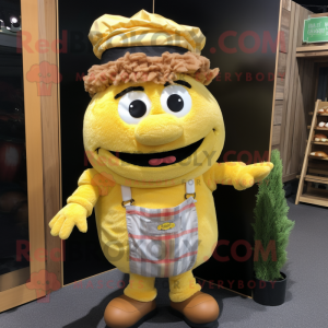 Lemon Yellow Pulled Pork Sandwich mascot costume character dressed with a Dungarees and Necklaces