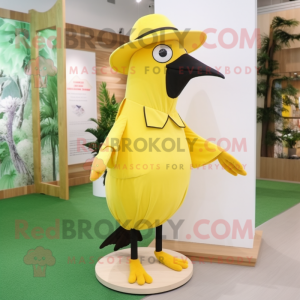 Lemon Yellow Woodpecker mascot costume character dressed with a A-Line Skirt and Hats