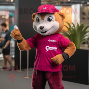 Magenta Mongoose mascot costume character dressed with a Graphic Tee and Smartwatches