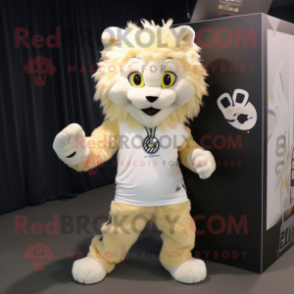 Cream Lynx mascot costume character dressed with a Joggers and Hair clips