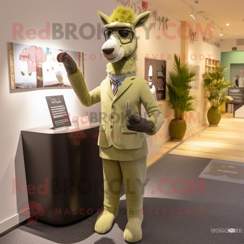 Olive Llama mascot costume character dressed with a Suit Pants and Cufflinks