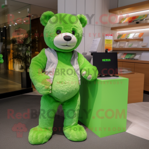 Lime Green Teddy Bear mascot costume character dressed with a Henley Shirt and Wallets