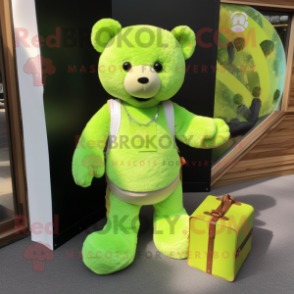 Lime Green Teddy Bear mascot costume character dressed with a Henley Shirt and Wallets