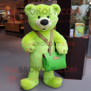 Lime Green Teddy Bear mascot costume character dressed with a Henley Shirt and Wallets