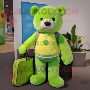 Lime Green Teddy Bear mascot costume character dressed with a Henley Shirt and Wallets