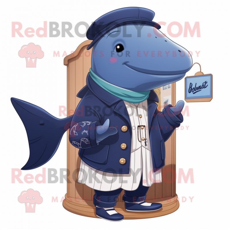 Navy Humpback Whale mascot costume character dressed with a Cardigan and Brooches