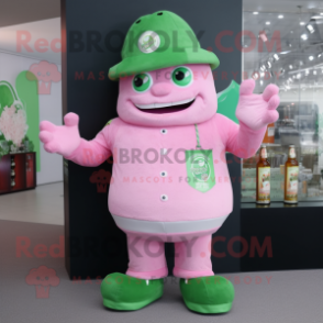 Pink Green Beer mascot costume character dressed with a Sweatshirt and Hats