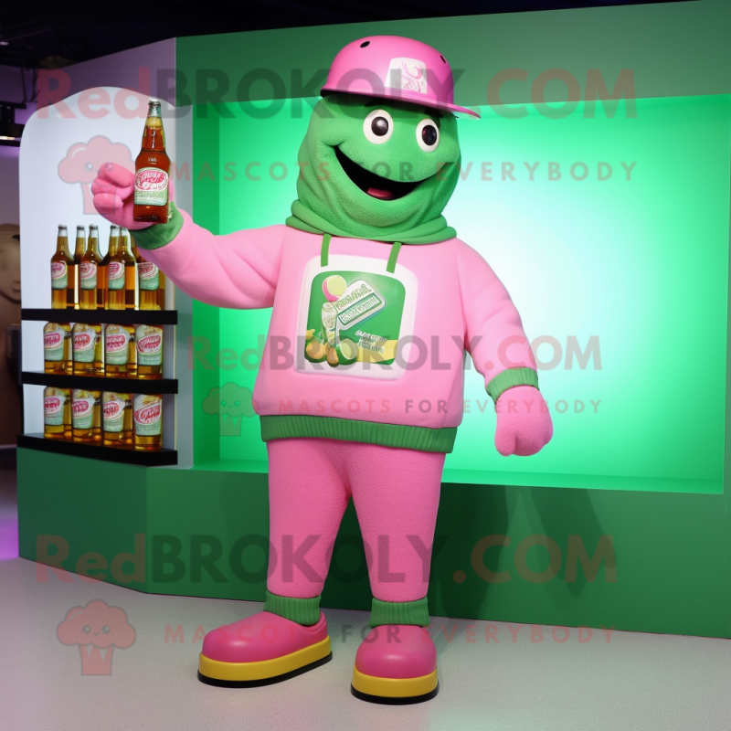 Pink Green Beer mascot costume character dressed with a Sweatshirt and Hats