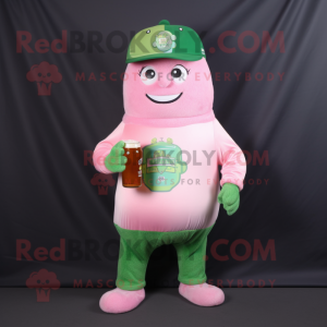 Pink Green Beer mascot costume character dressed with a Sweatshirt and Hats