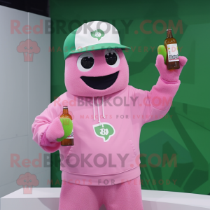 Pink Green Beer mascot costume character dressed with a Sweatshirt and Hats