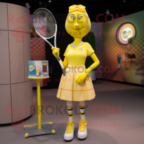 Yellow Tennis Racket mascot costume character dressed with a Pencil Skirt and Lapel pins