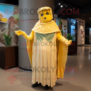 Gold Caesar Salad mascot costume character dressed with a Cocktail Dress and Shawls