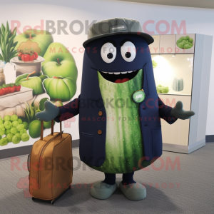 Navy Cucumber mascot costume character dressed with a Cardigan and Handbags
