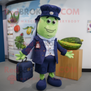 Navy Cucumber mascot costume character dressed with a Cardigan and Handbags