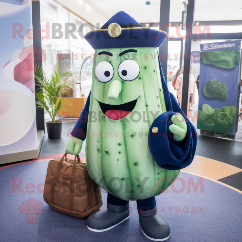 Navy Cucumber mascot costume character dressed with a Cardigan and Handbags