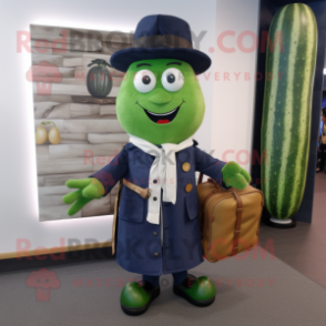 Navy Cucumber mascot costume character dressed with a Cardigan and Handbags