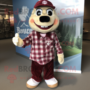 Maroon Baseball Glove mascot costume character dressed with a Flannel Shirt and Ties